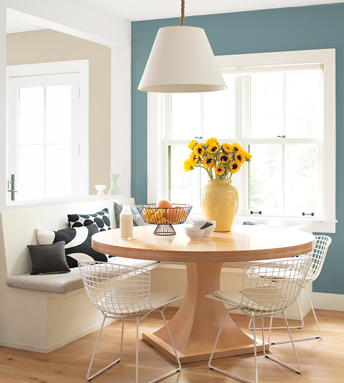 Benjamin Moore Color of the Year - Agean Blue is great paired with sunny yellow for cheery eat in kitchen