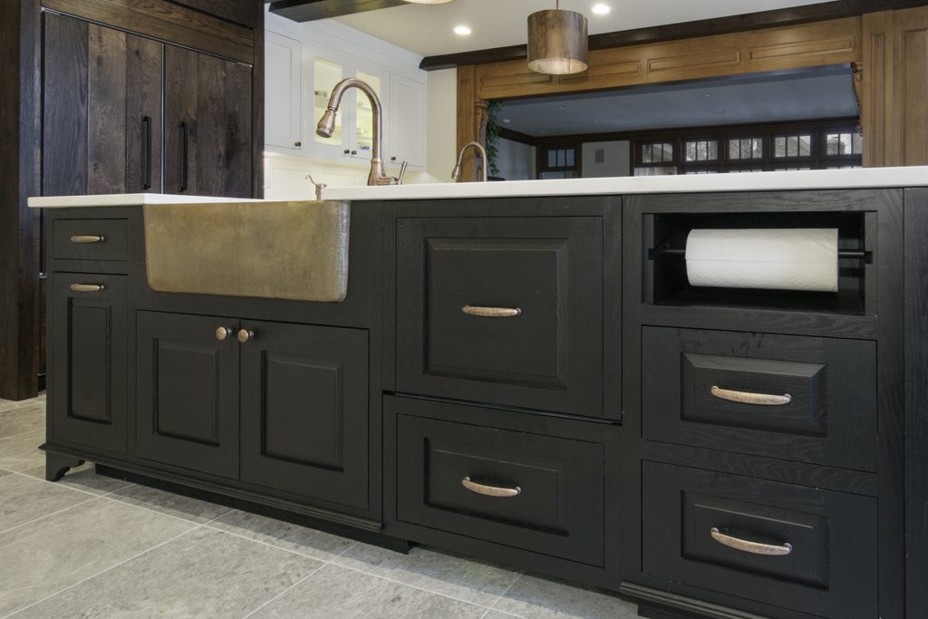 Hunter green island in Rustic kitchen